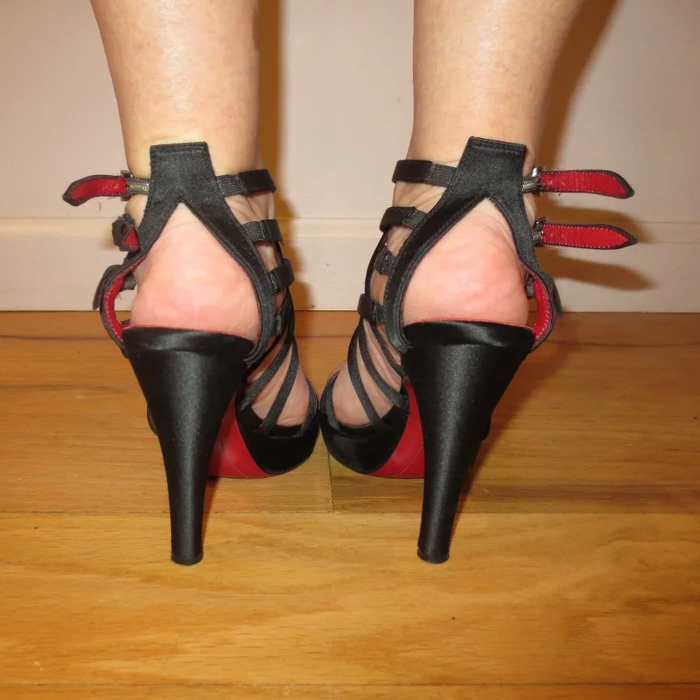 LAST CHANCE CESARE PACIOTTI Black Satin Multi Strapped Mini Platforms - Picture 4 of 9